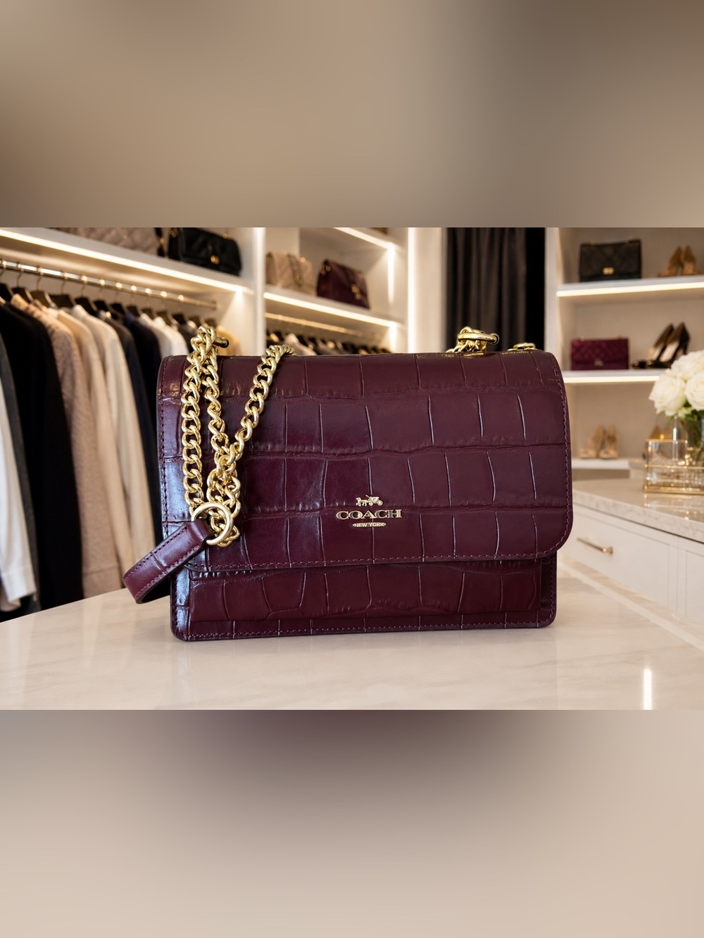 Coach Croc-Embossed Shoulder Bag in Berry